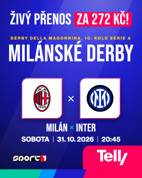 Milánské derby Milán vs. Inter ŽIVĚ na Telly za 272 Kč, sobota 31. 10. 2026 ve 20:45