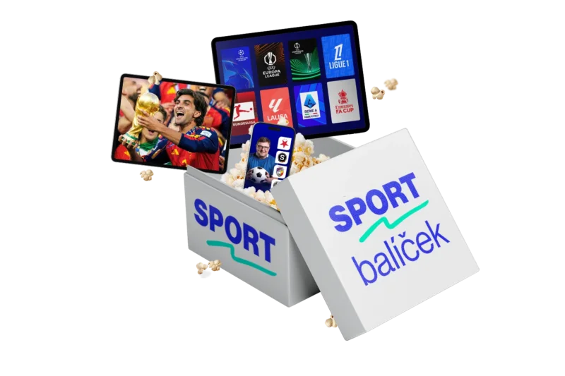 Sportovní balíček Telly: krabice SPORT balíček a tablet s logy soutěží