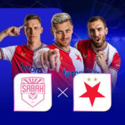 Hráči Slavie Praha a loga klubů Sabah Baku a Slavia Praha